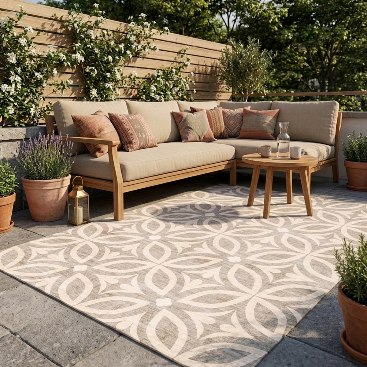 Geometrischer Outdoor Teppich - Mosaic Petal Creme