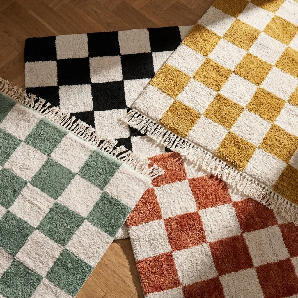 Teppich Kariert - Blox Fringe Grün Weiß